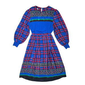 Vintage 70s 80s Made in USA Puff Sleeve Multi Patter Skirt and Top Set Retro